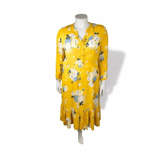 Old Navy Dresses & Skirts - Old Navy Dress 2XL Yellow Midi Tiered Floral Long Sleeves Flowy Ruffle Casual